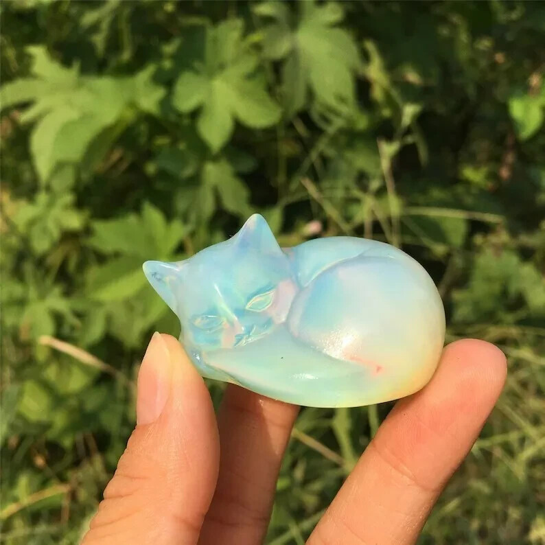 Spiritual Opalite Stone Cat Hand Carved Gemstone Healing Feng Shui Crystal Decor