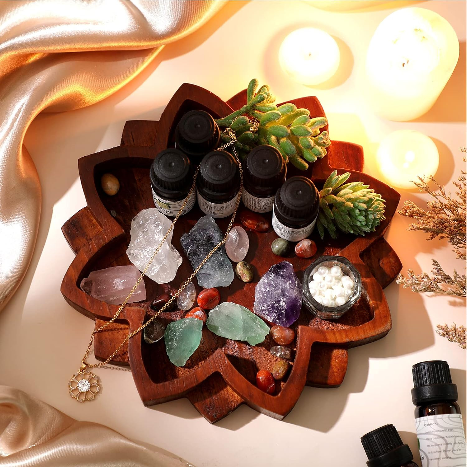 Lotus Crystal Tray for Healing Stones Wooden Crystal Holder Lotus Flower Mandala