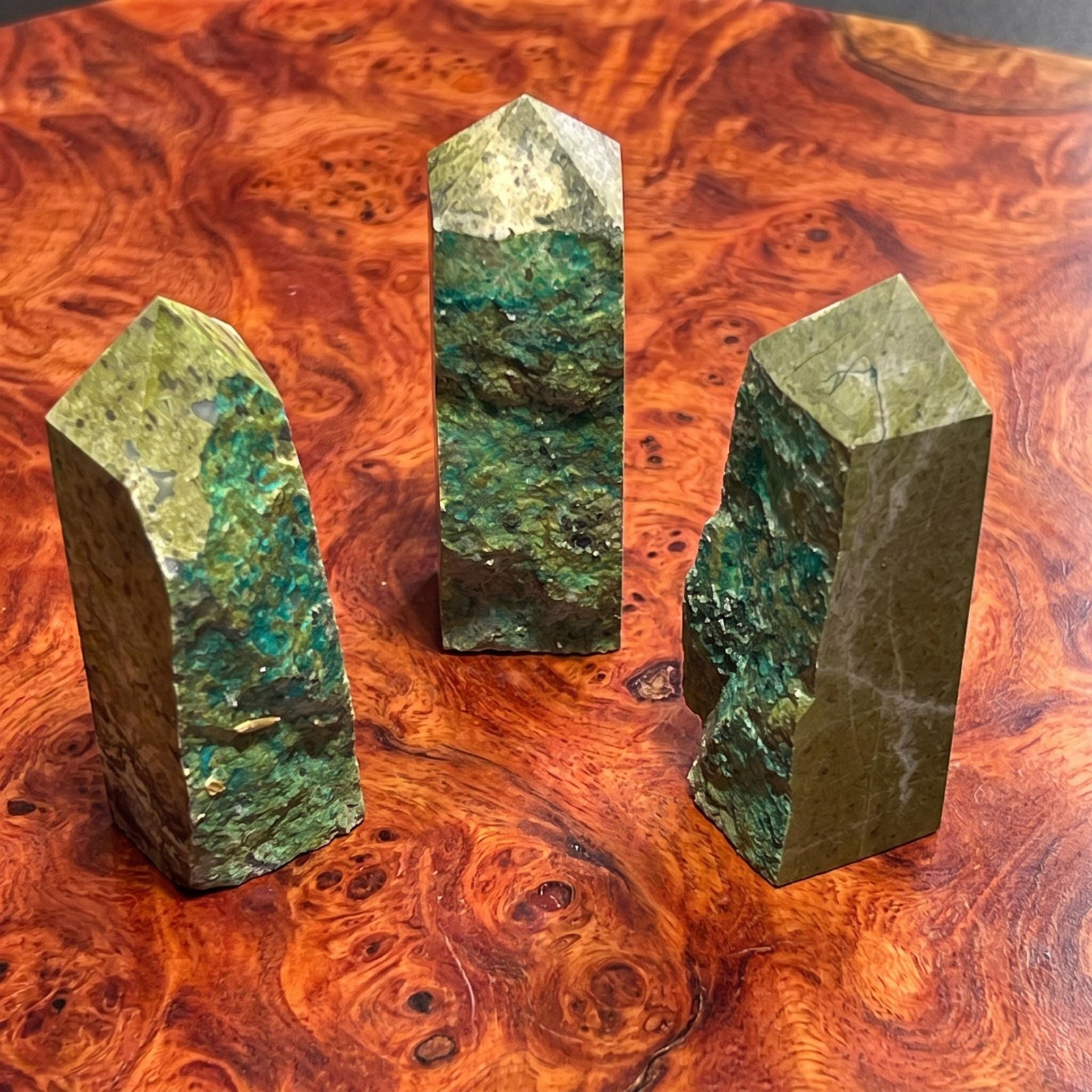 Dioptase Crystal Matrix with Copper Specs Standing Tower Obelisk Point Gemstone