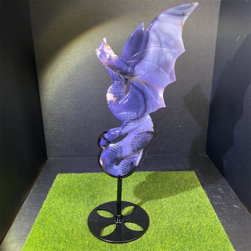 1.4LB 12.8″ A+Blue Flower Agate Dragon Statue Crystal Reiki Carving Quartz Decor