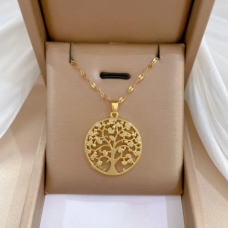 Women’s Fashion Jewelry Gold Cubic Zircon Tree Of Life Pendant Necklace 1PC
