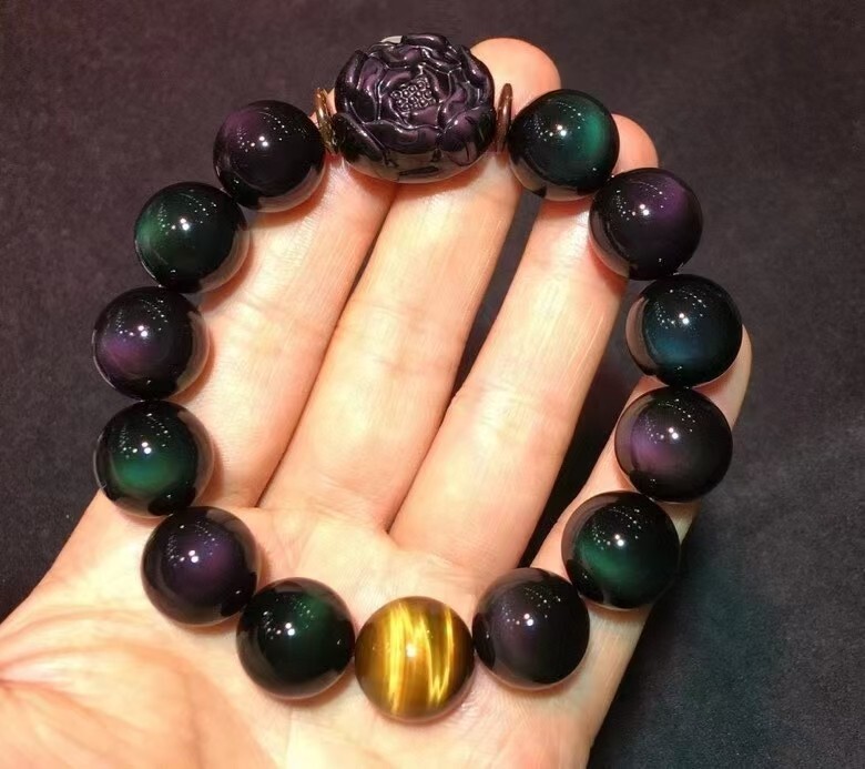 Natural Premium Double Rainbow Full Moon Eye Obsidian Bracelet