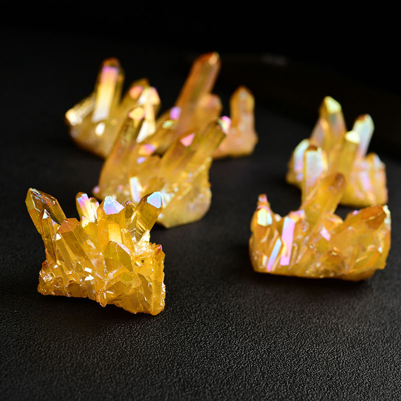 5Pcs Natural Angel Aura Yellow Titanium Gemstone Quartz Crystal Cluster Specimen