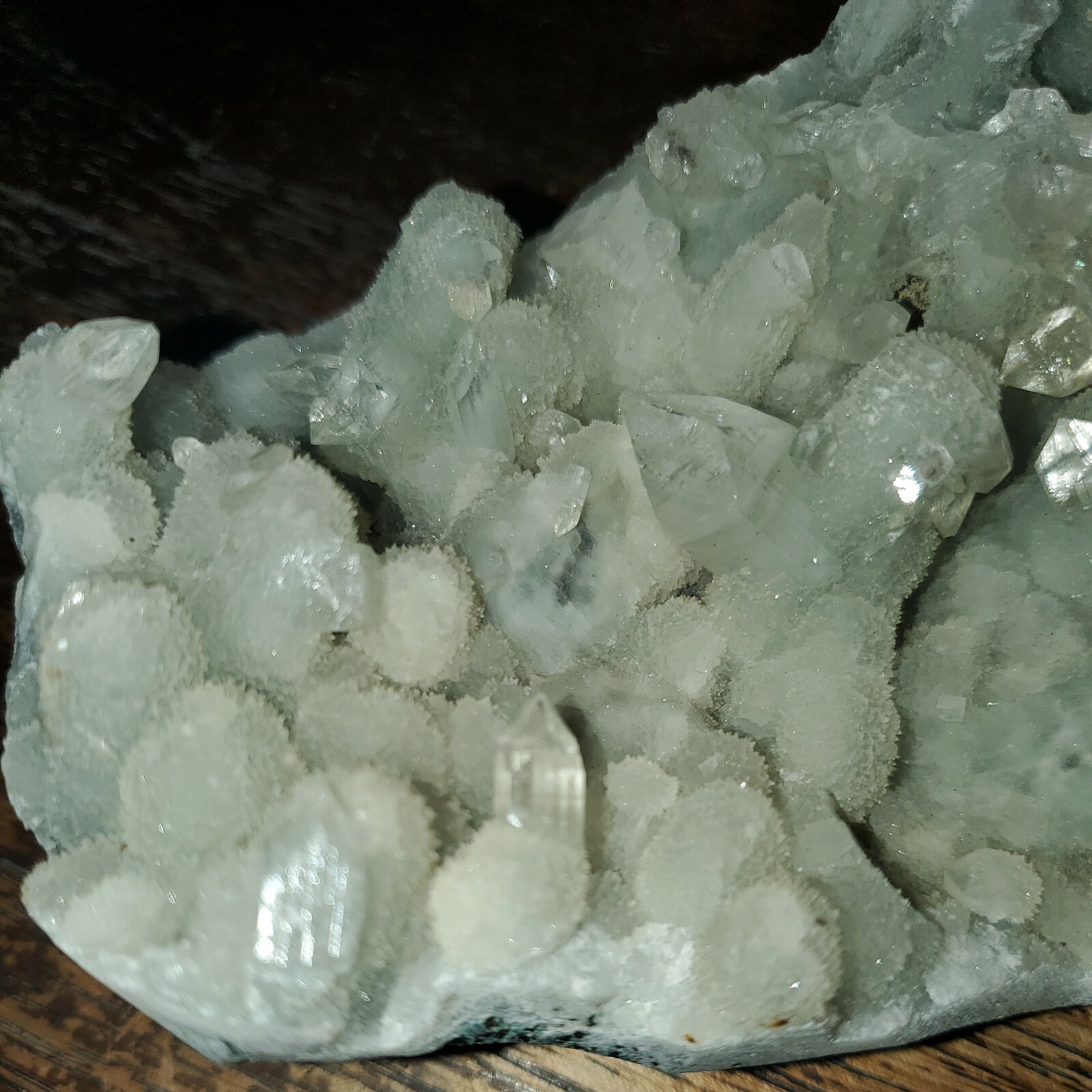Apophylite and Calcite on Blue Chalcedony. Approx 1lb 8.1oz, 6in x 4in x 3.5in