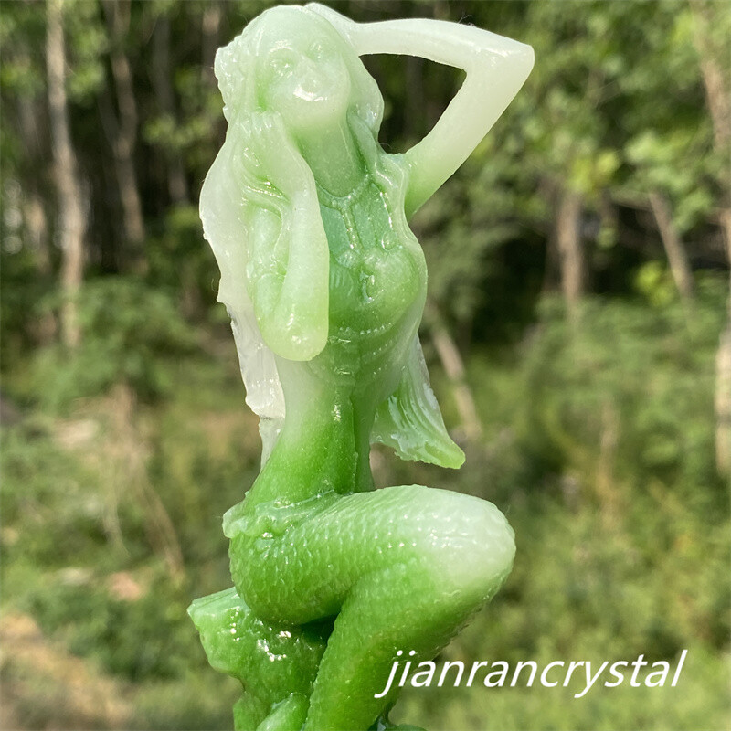 4″ Green Luminous Stone Quartz Hand Carved Mermaid Crystal Skull Reiki Healing