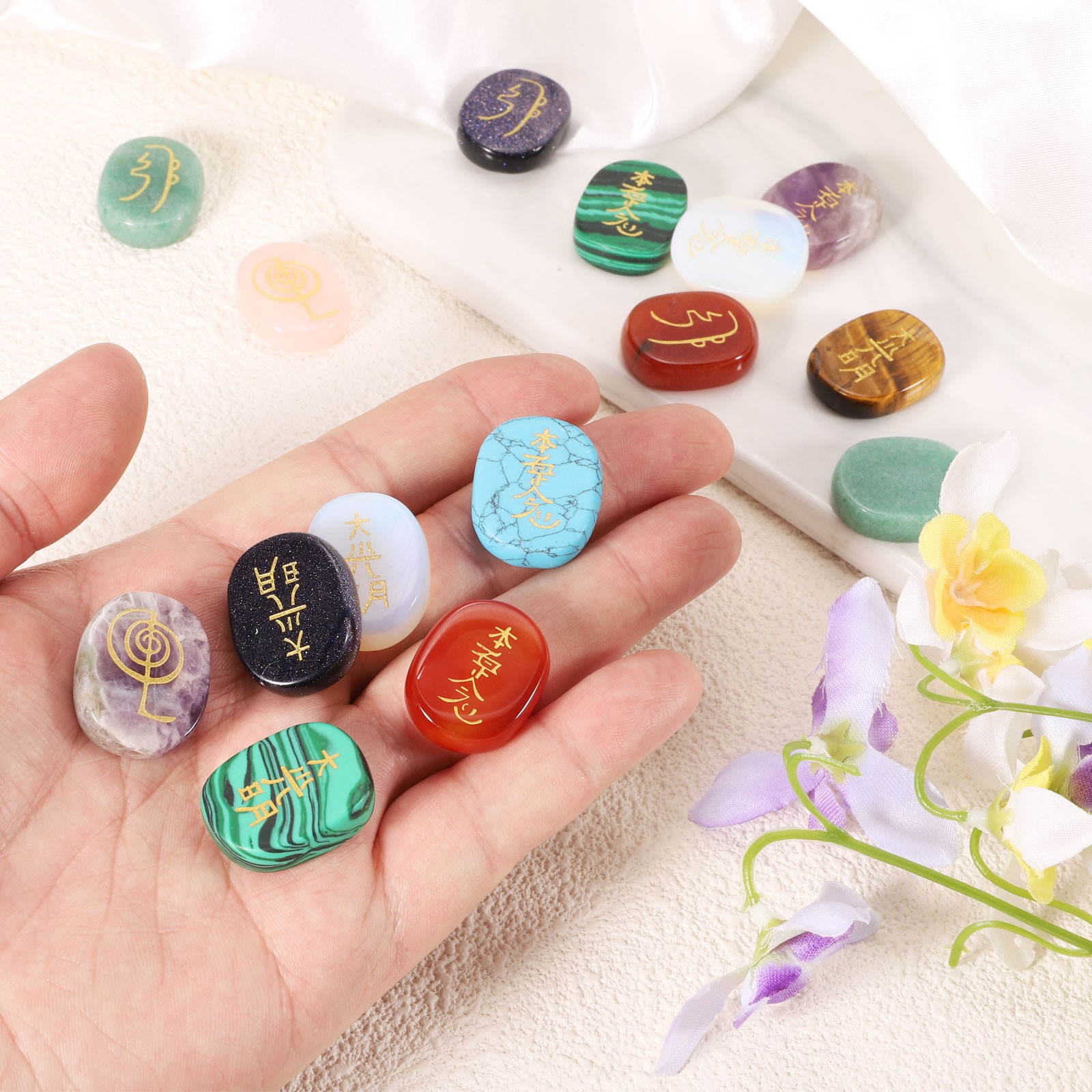 4Pcs Engraved Chakra Stone with Reiki Symbols Turquoise Healing Gemstone
