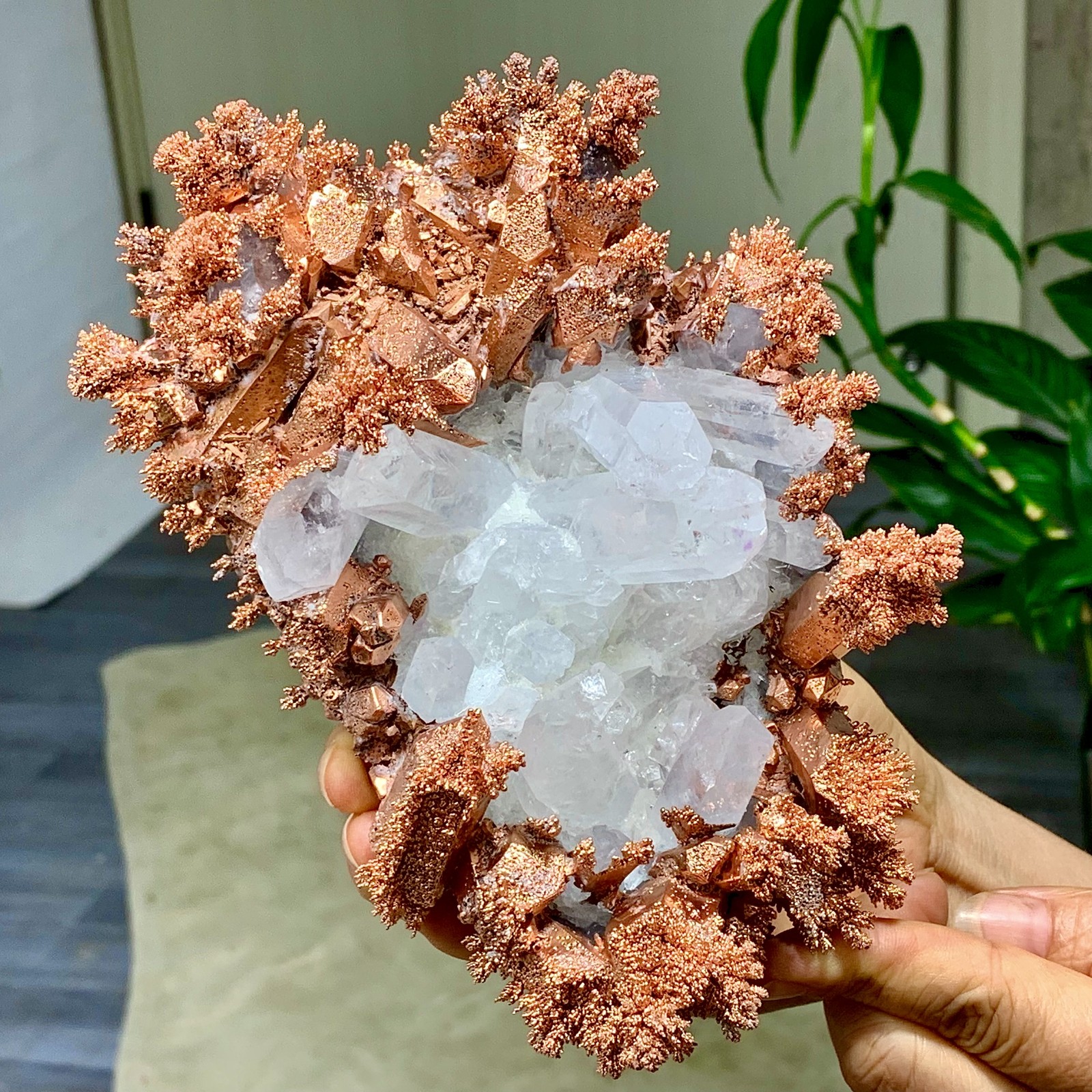 897G Rare!! iridescent Native Copper with white quartz crystal mineral-symbiosis