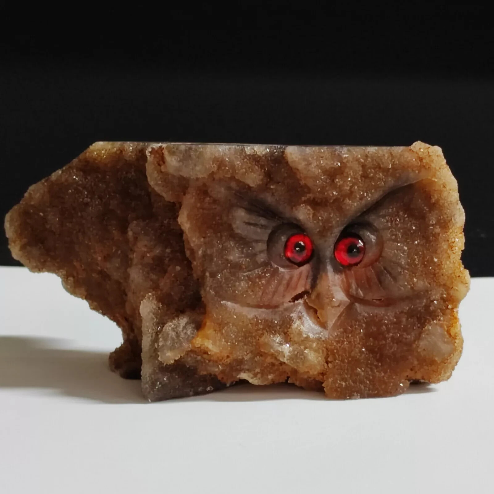 133g Natural Crystal Cluster Quartz Mineral Sample, Hand Carved Owl
