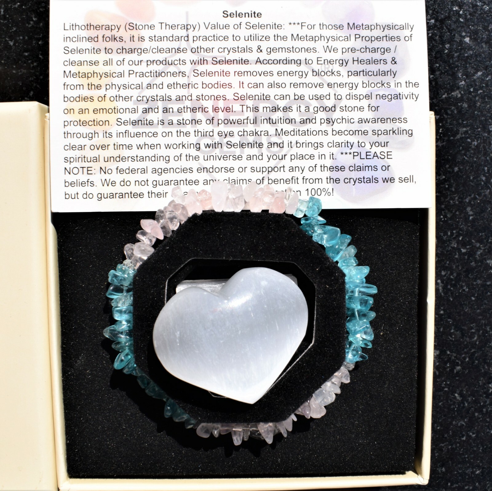 CHARGED Blue Apatite Rose Quartz Crystal Chip Stretchy Bracelet + Selenite Heart
