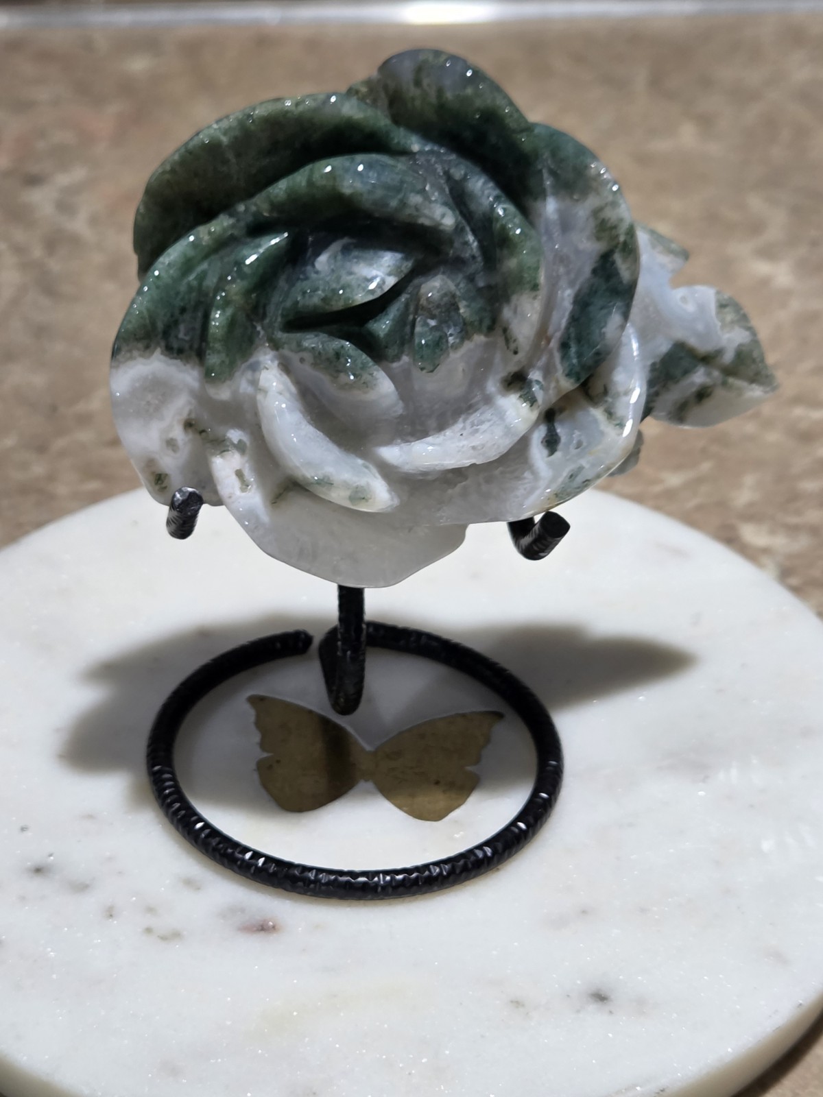 Crystal Moss Agate Rose Flower Plant Carving
