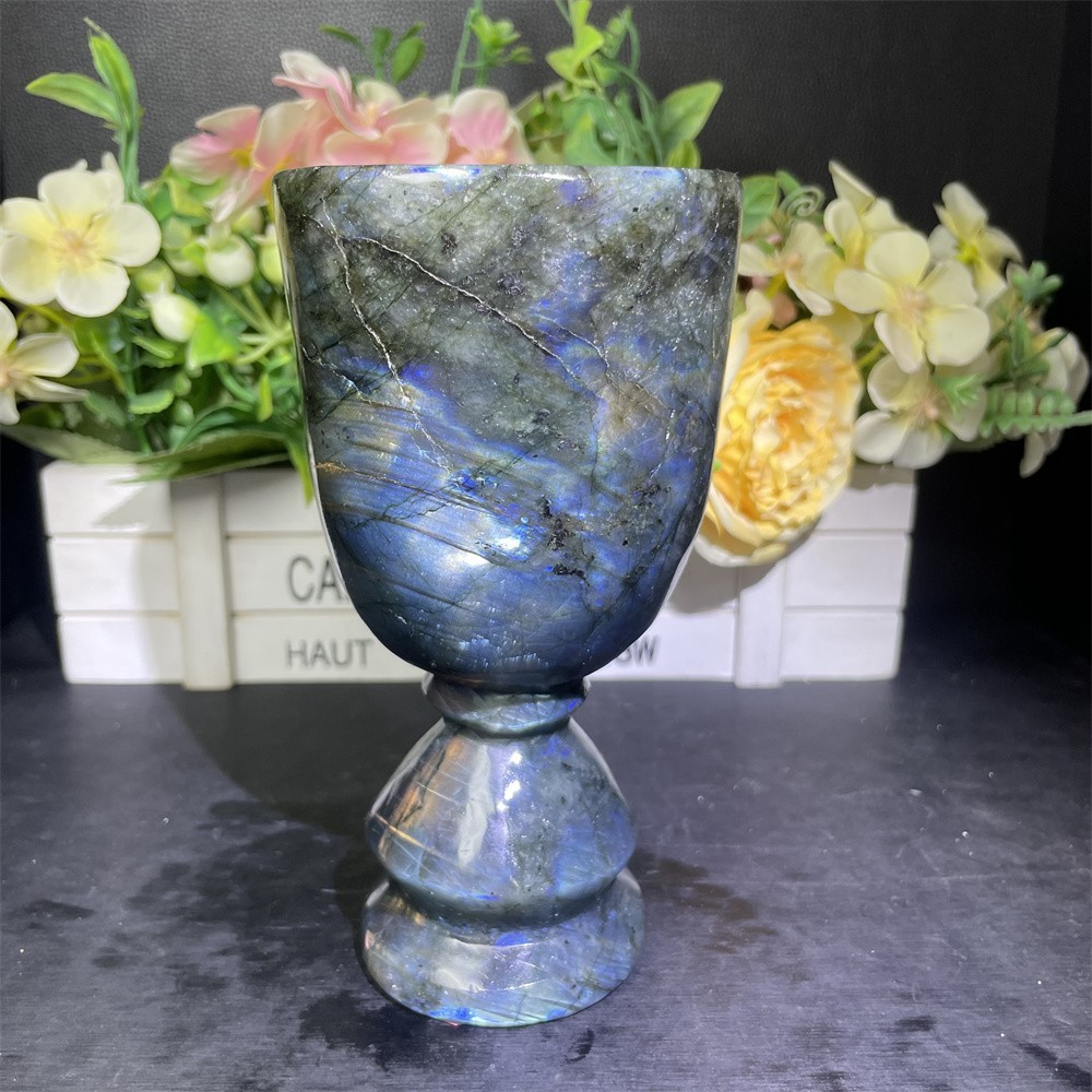 1.8LB 5.9″ Natural A+++Blue Flash Cup Carved Crystal Quartz Reiki Decor Reiki