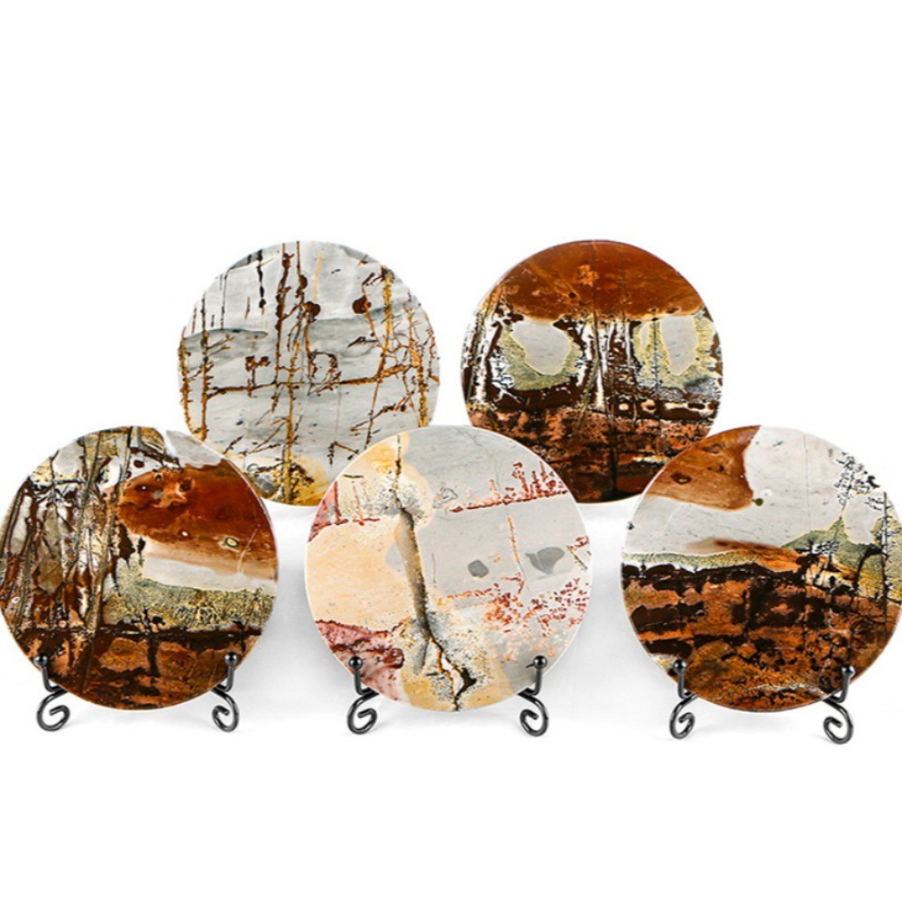 Natural Picture Jasper stone Disc Slice Crystal Healing Home Decor Gift+Stand1pc
