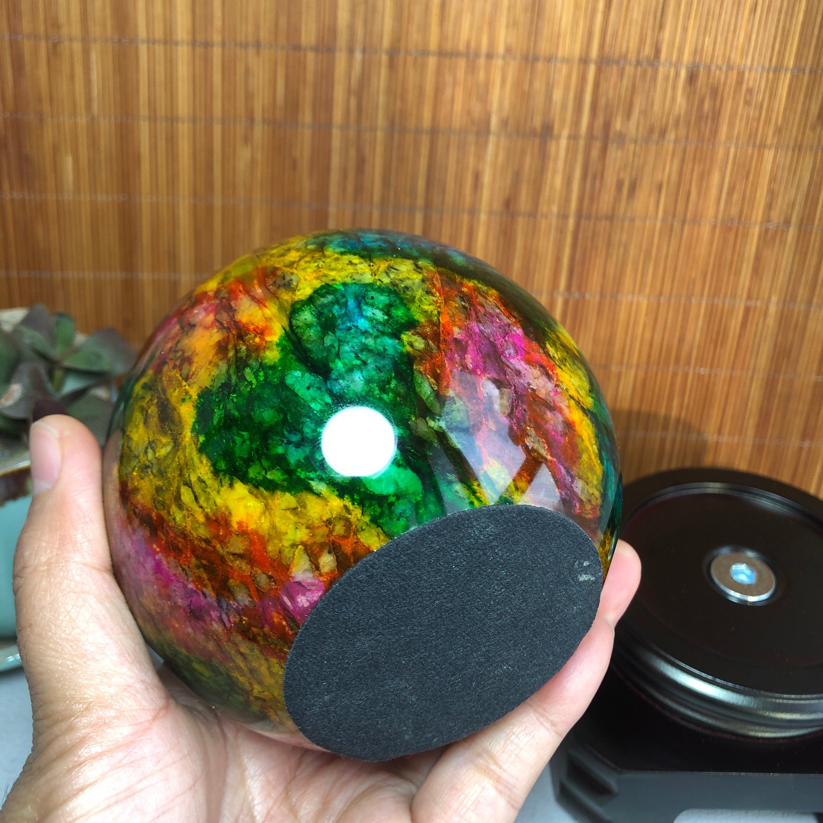 1pcs Natural “Seven Colors Jade” sphere flat bottom specimen Taiwan China 99mm