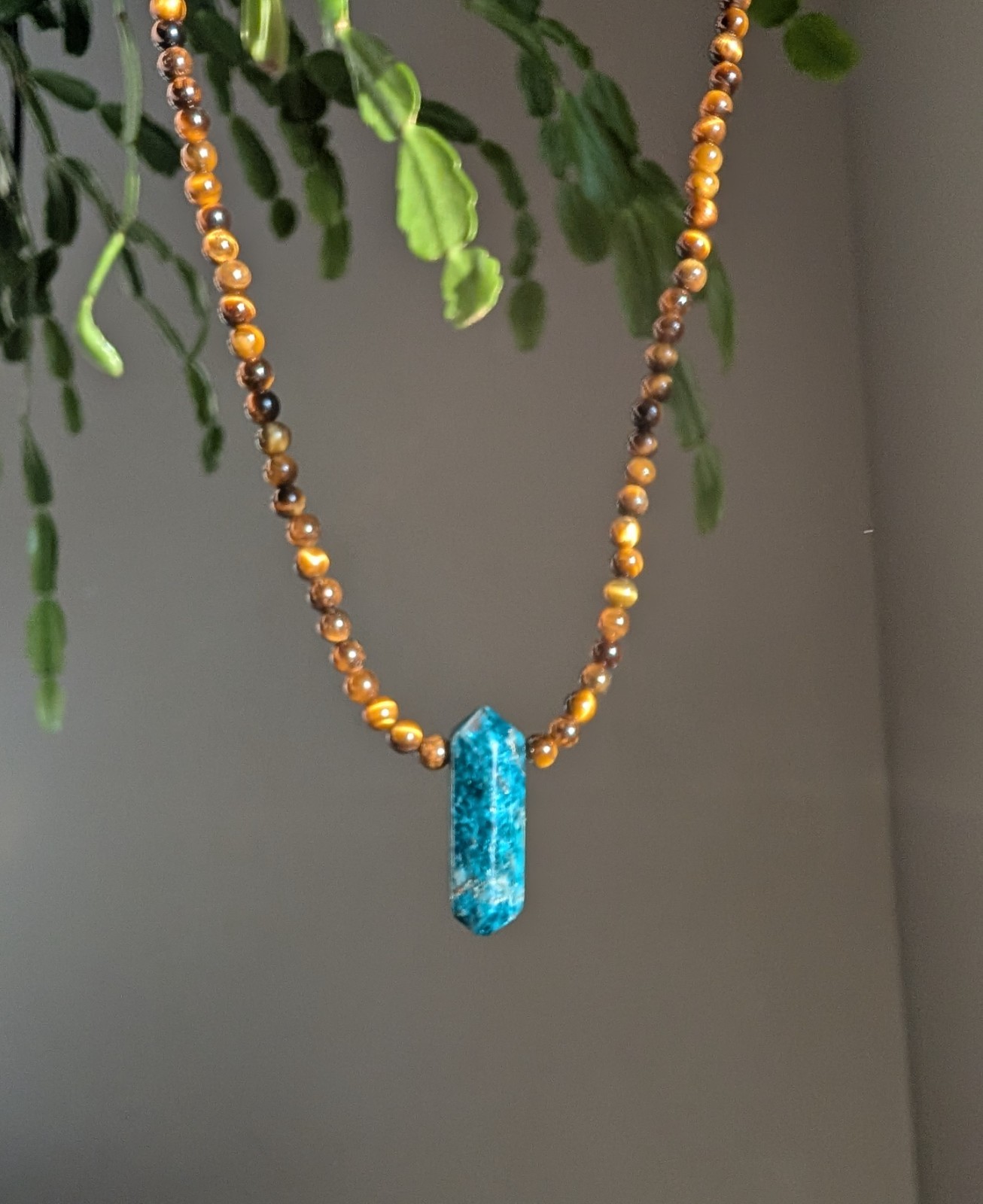 Blue Apatite Necklace With Tigers Eye Gemstone Beads Adjustable 22 Inch