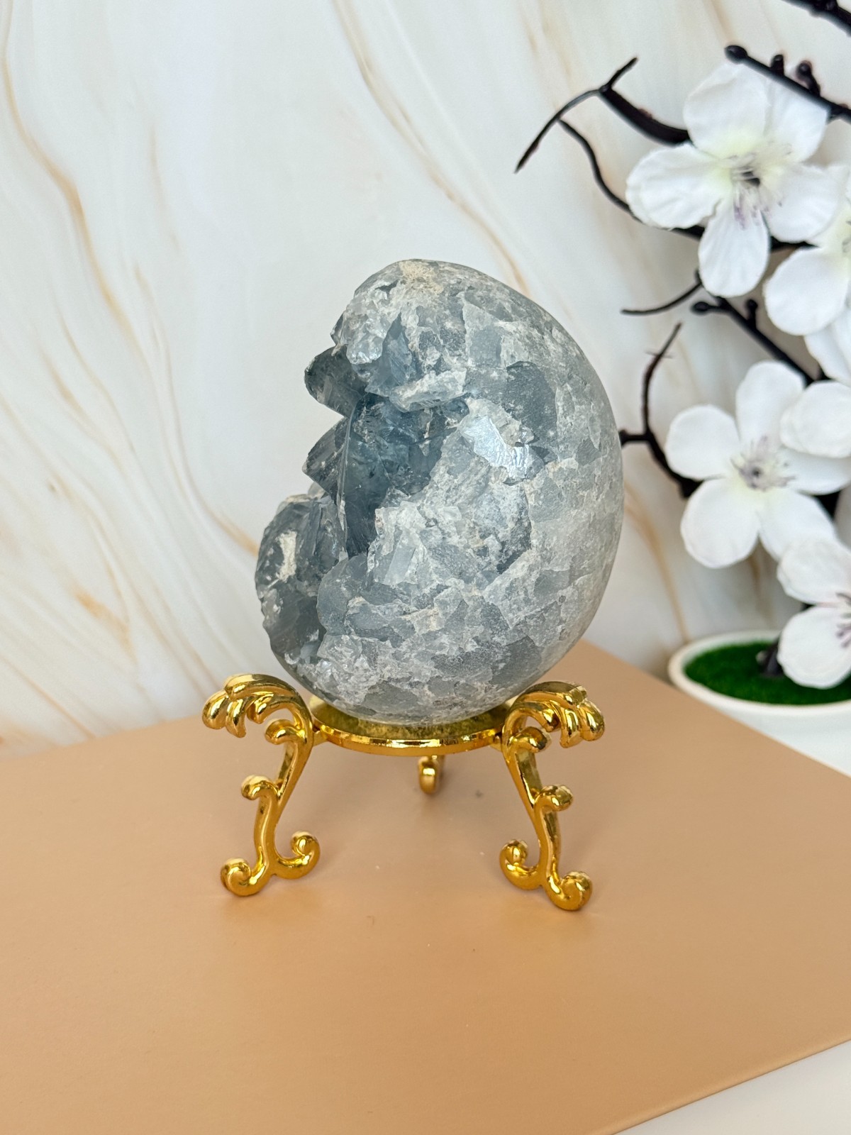 Blue Celestite Crystal Egg Natural Druzy Madagascar 8-9cm Polished Home Decor