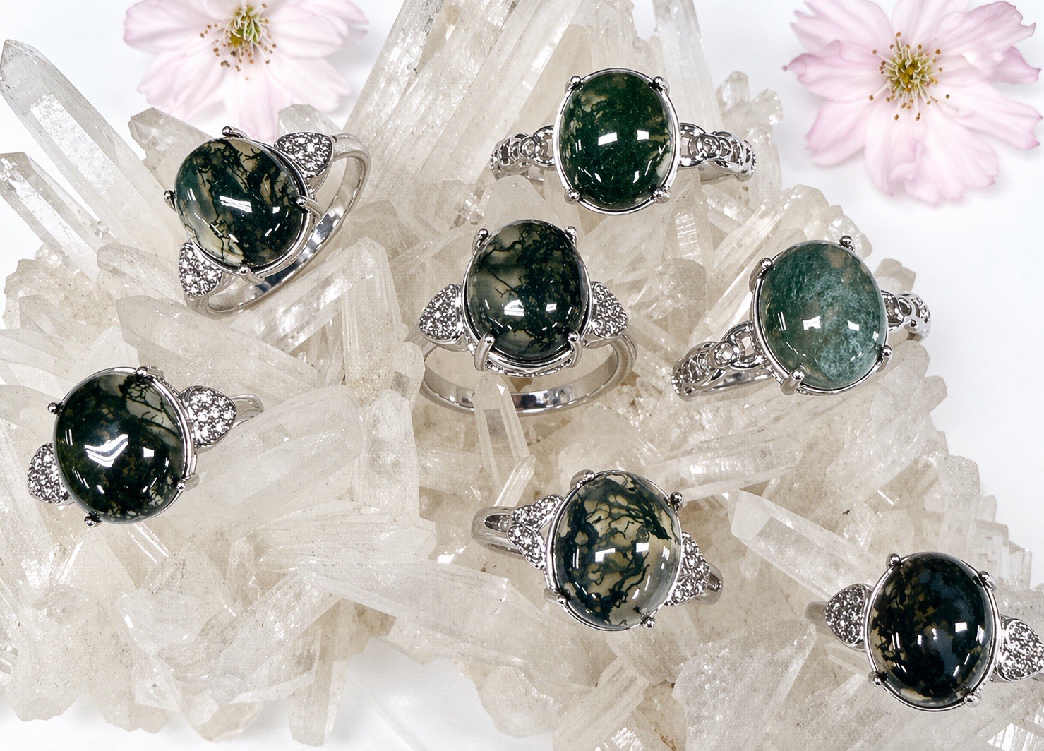 Wholesale 7 Pcs Natural Moss Agate Stainless Steel Rings(316) Crystal 10x12mm