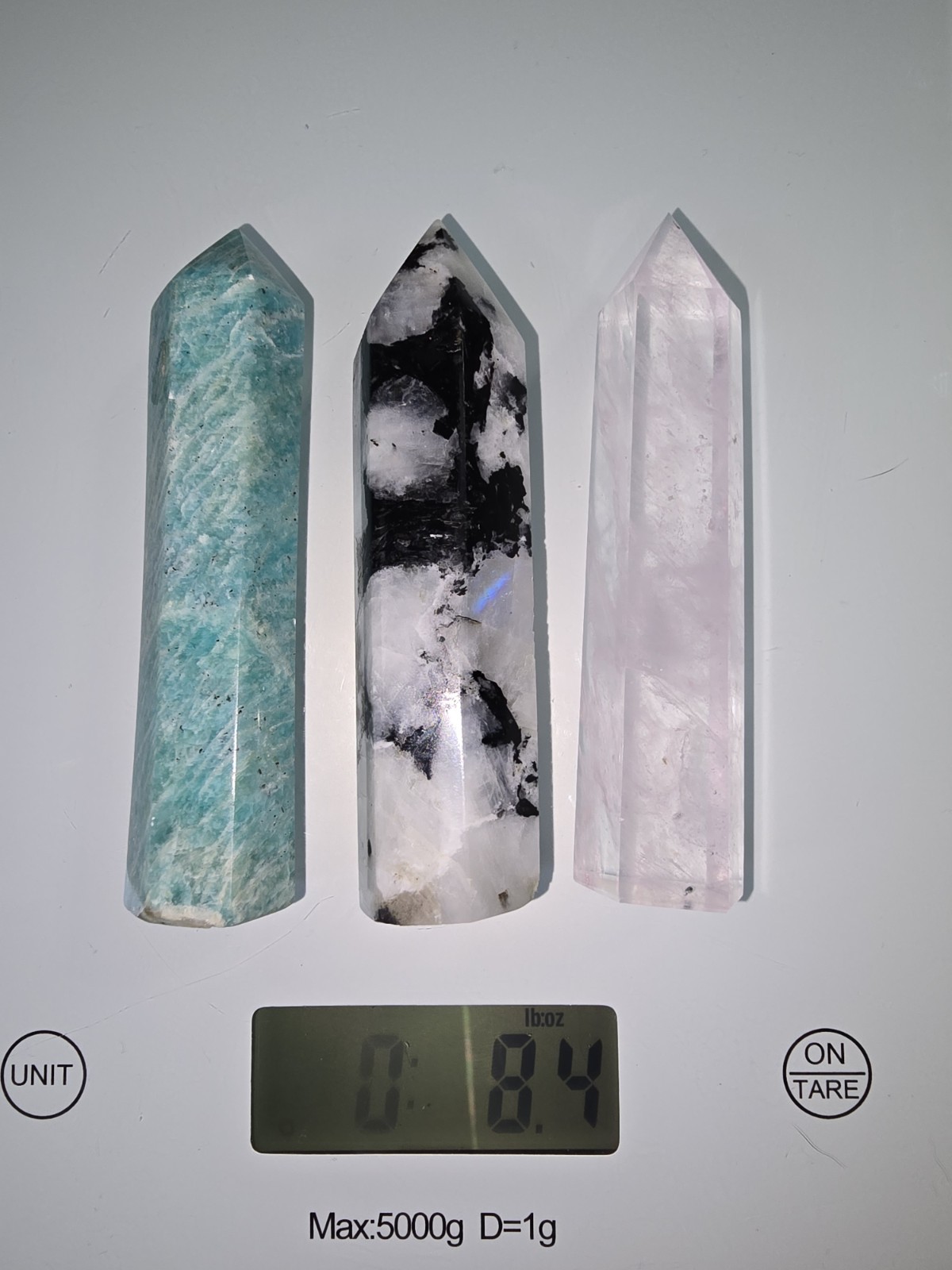 Three 4 inch Towers. Light Rose Quartz, Rainbow Moonstone, and Amazonite.