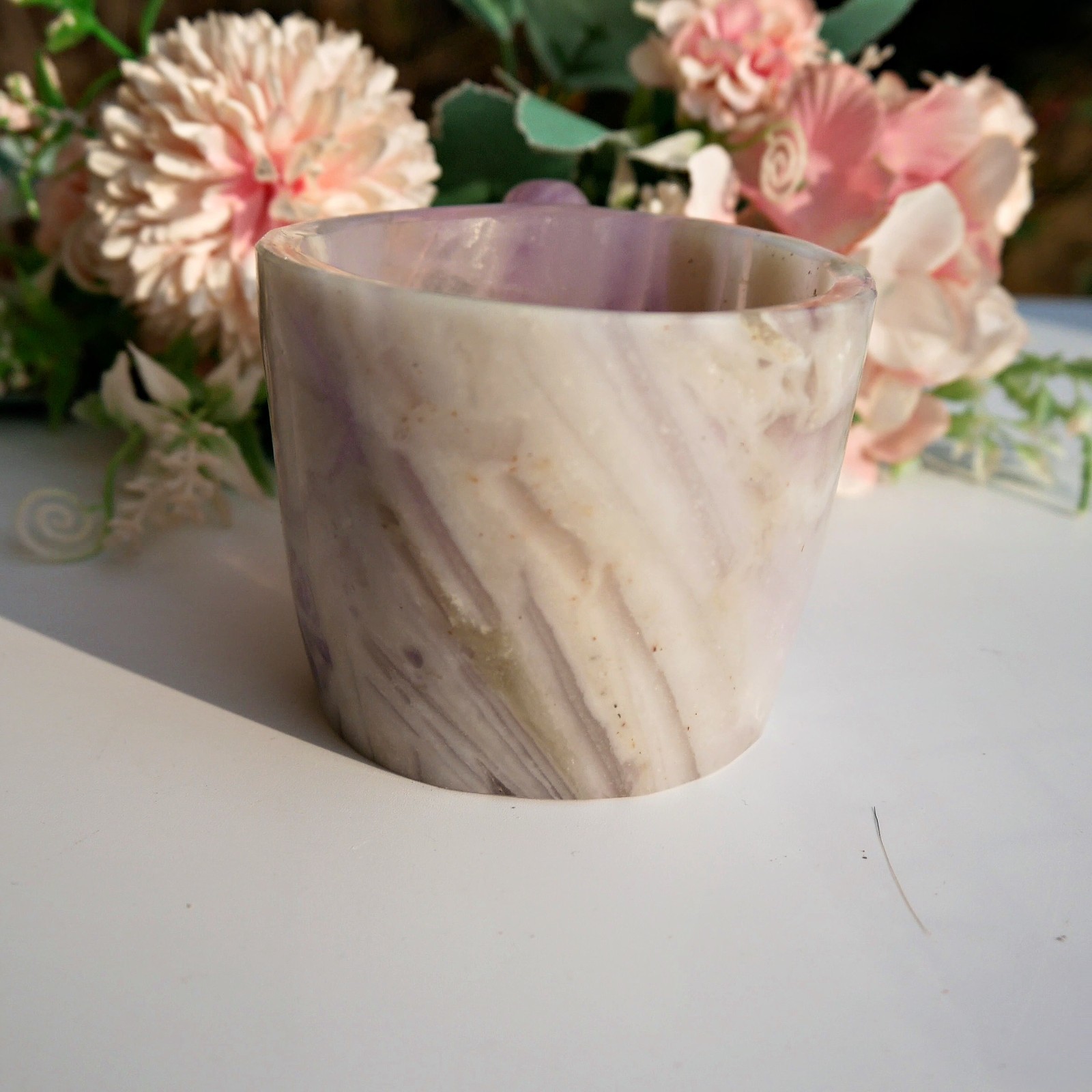 4.8″ Silk Banded Fluorite Cup Crystal Healing Bowl Meditation Gems Carved Decor