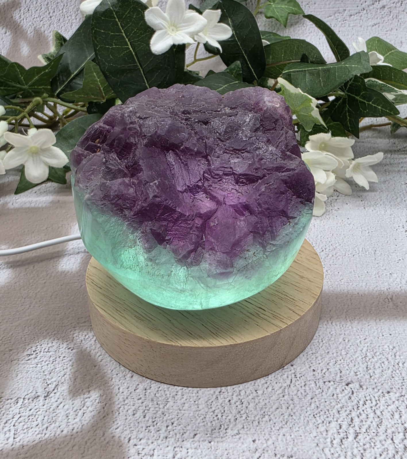 Natural Fluorite Cupcake Polished Freeform Purple Aqua Crystal w/ Light Stand