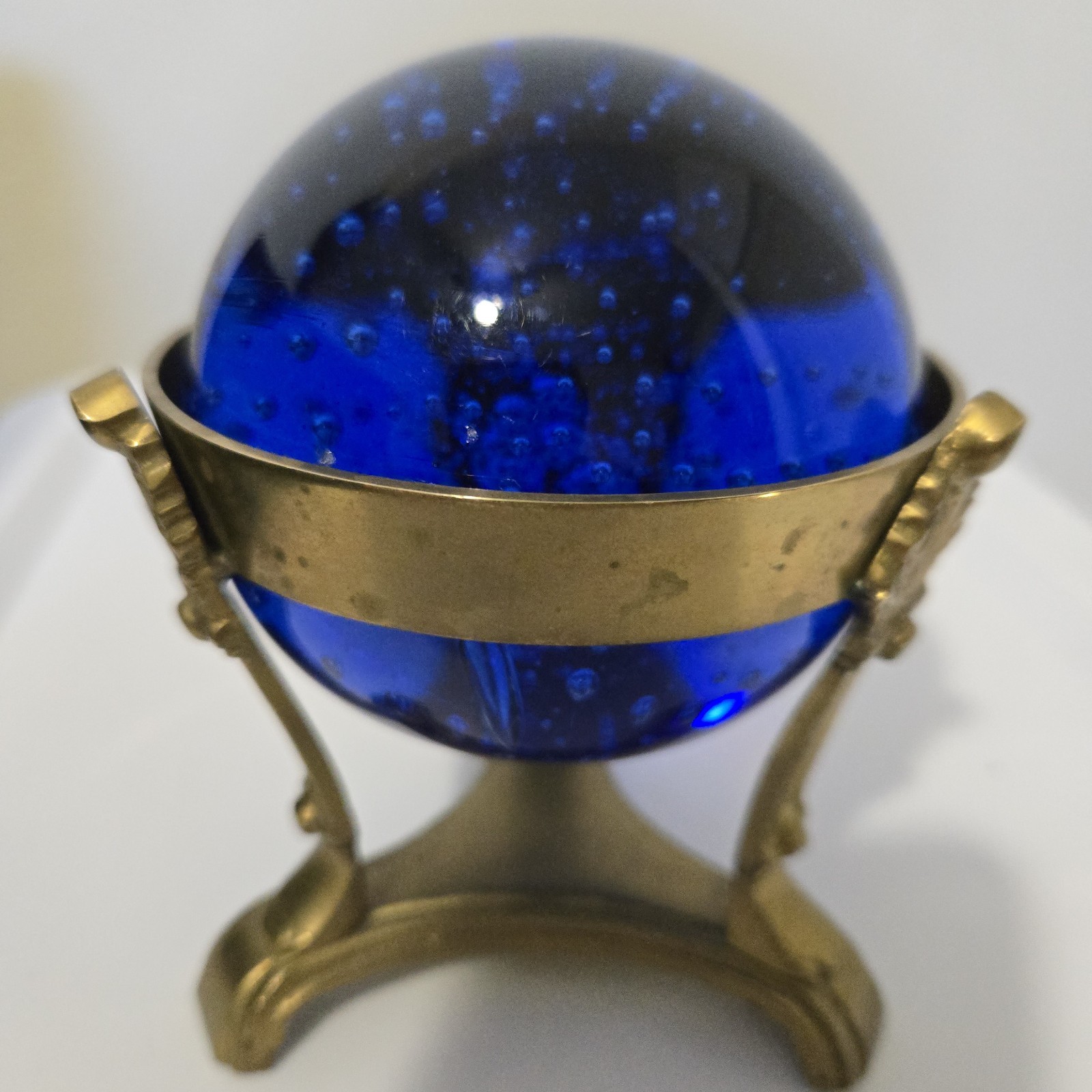 COBALT BLUE CRYSTAL GLASS BALL with BRASS STAND Fortune SPHERE Bubbles