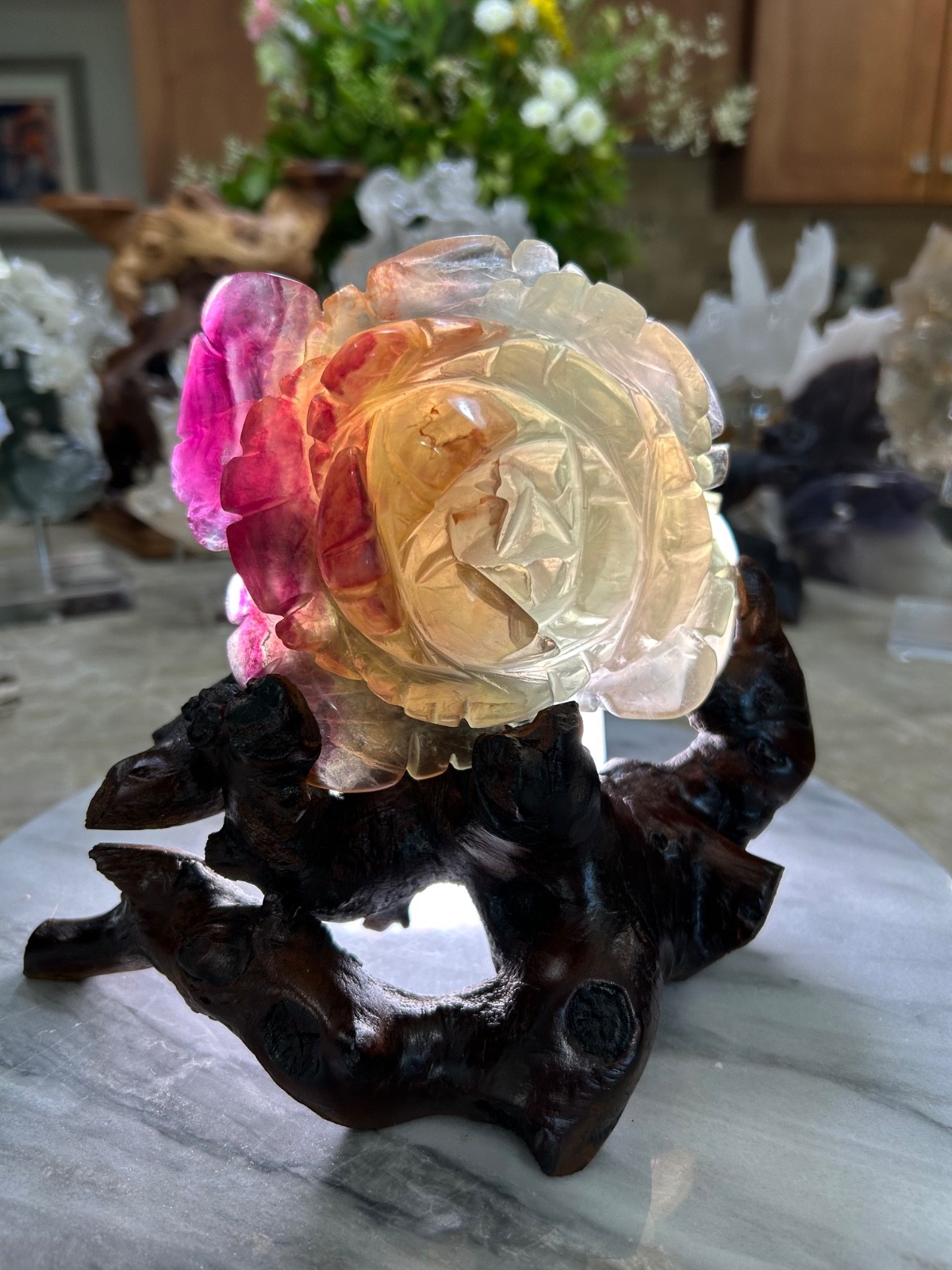 Candy Fluorite Crystal flower rose Carving on wood branch stand