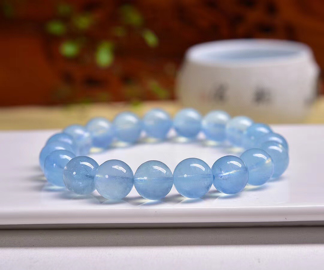 9-10mm Natural aquamarine quartz carved crystal Gem stone Round bead bracelet