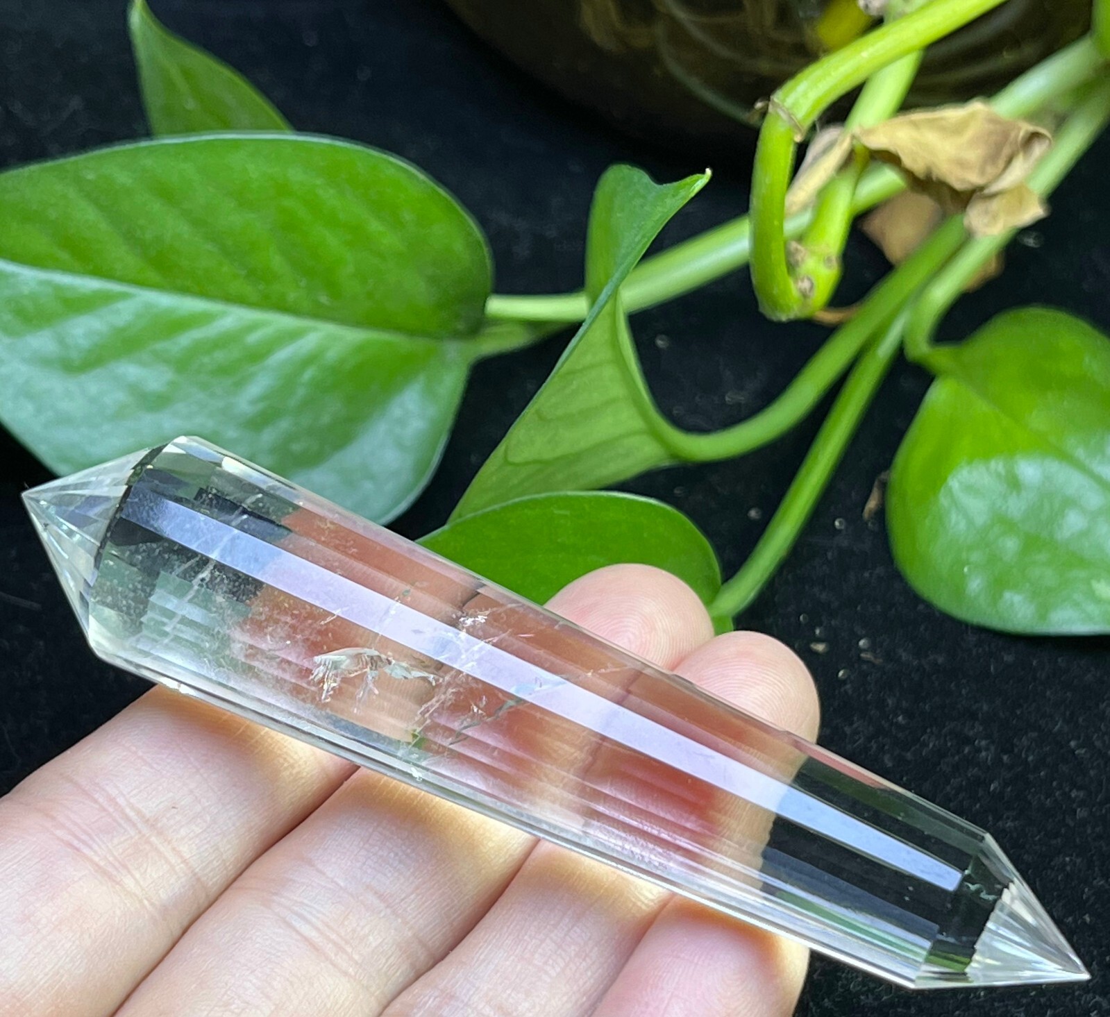24 Sides Natural Clear Quartz CRYSTAL Point Wand VOGEL STYLE Double Terminated