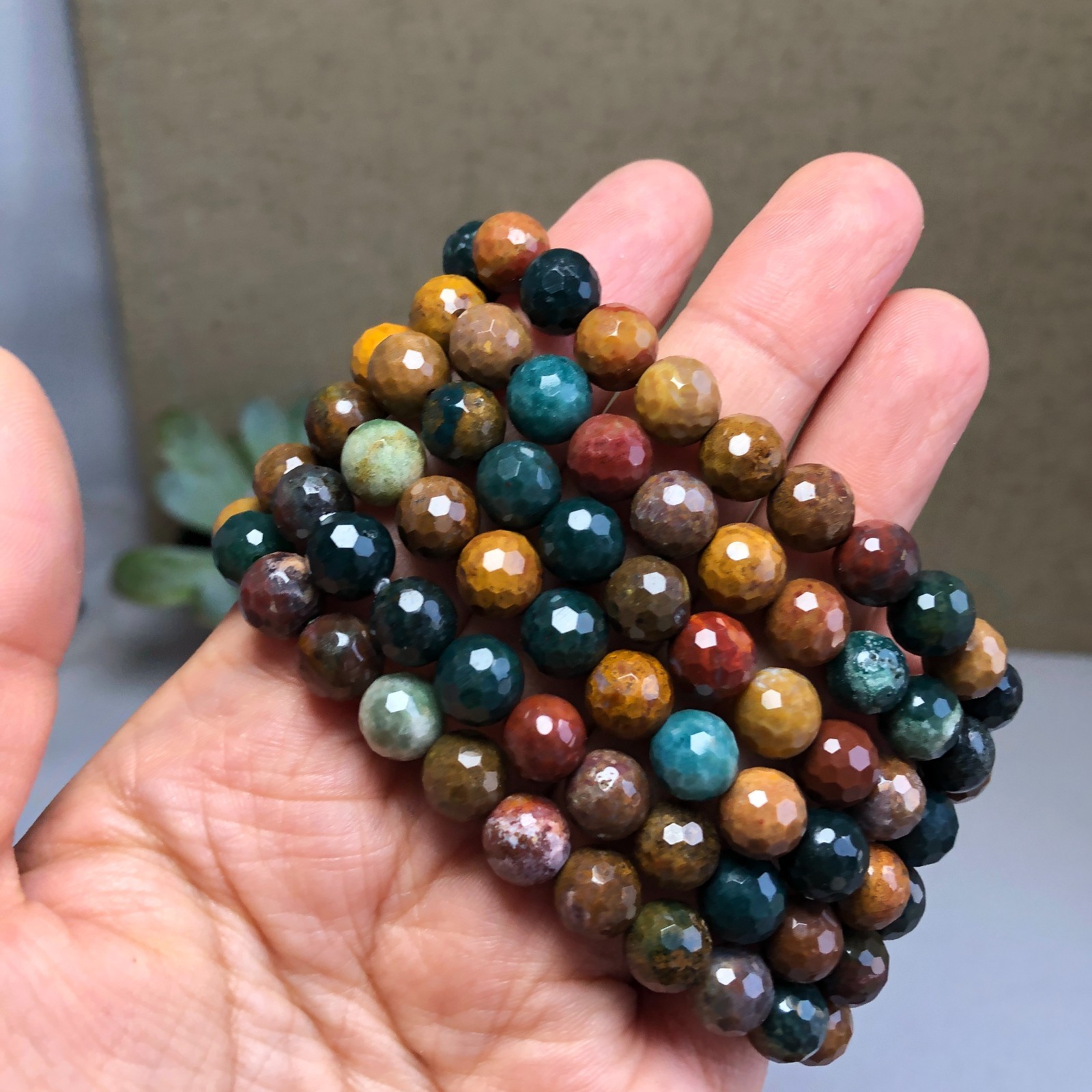 5Pcs Wholesal Natural Ocean Jasper bracelets Crystal ball sphere facet 8mm