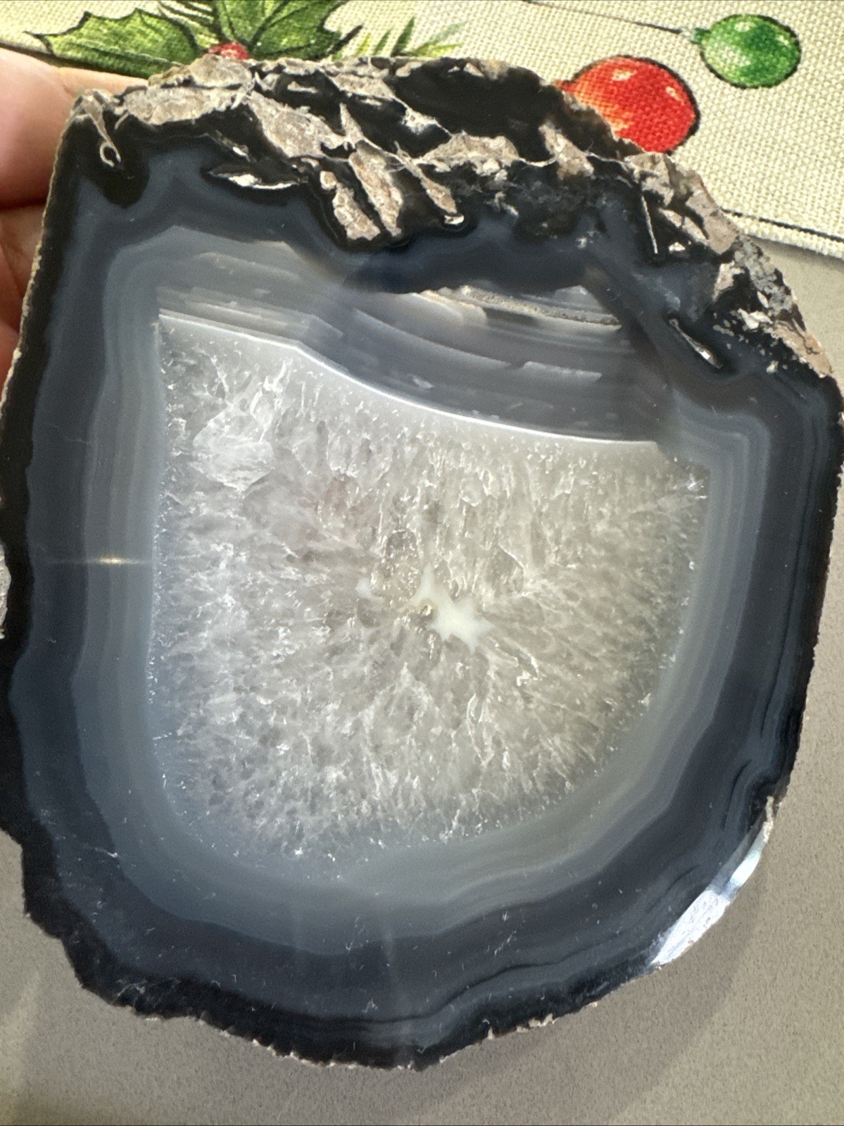 Polished Agate Slice Dish Tray | Natural Black Gray Crystal Geode Desk Tray Key