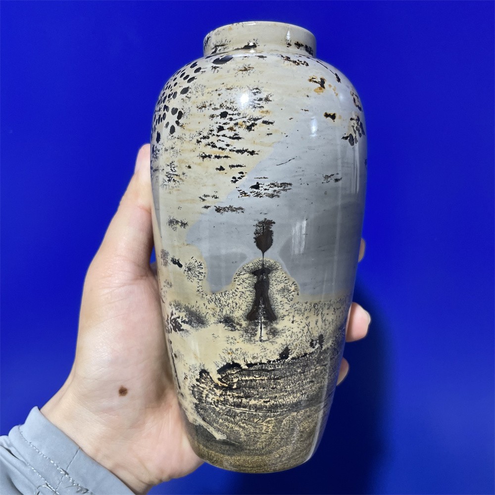 3.3LB 6.1″ Natural Picture Jasper Vase Ornament Quartz Crystal Carving Decor