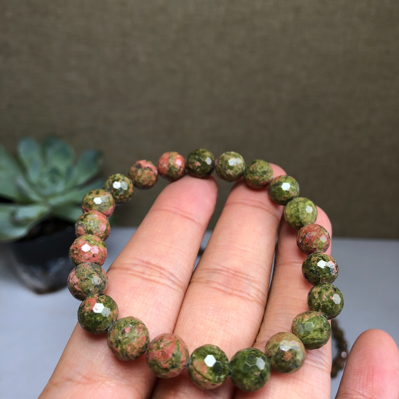 5PcsWholesal Natural Unakite Agate Stone bracelets Crystal ball sphere facet 8mm