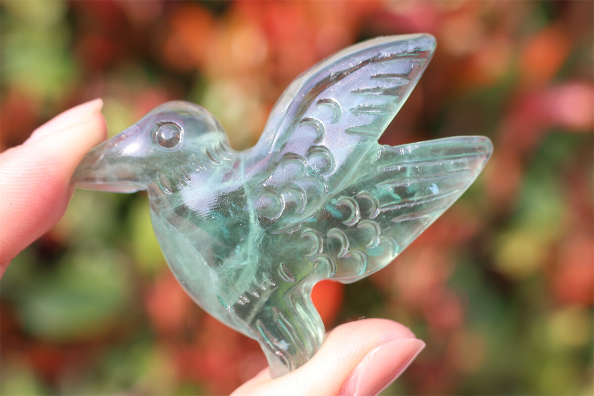 2.3” Carved Natural fluorite Hummingbird Crystal Skull decor reiki gift 1pc