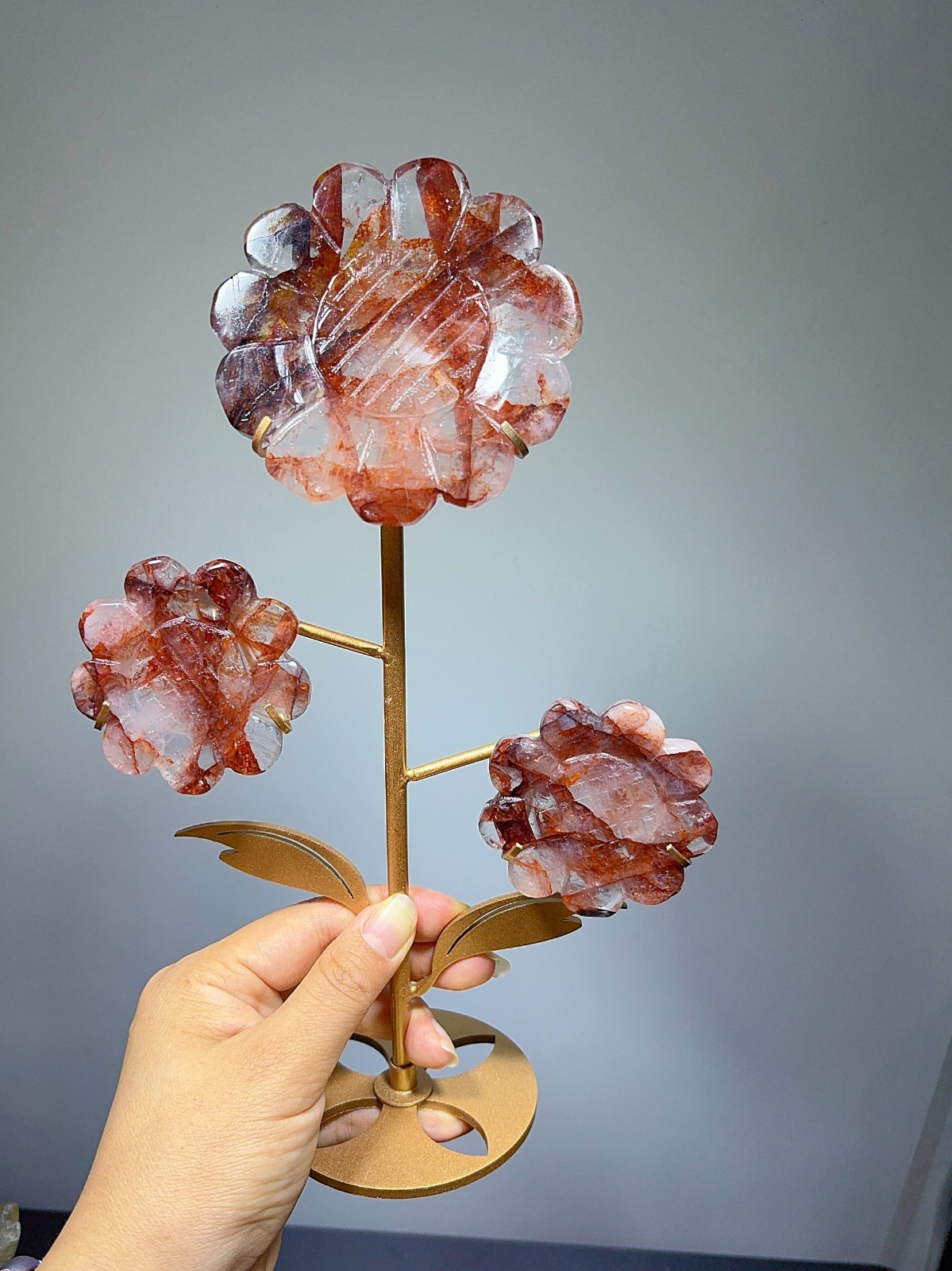 11” Fire Quartz Carved Sunflower on stand Crystal carved flowers Sculpture1pcs