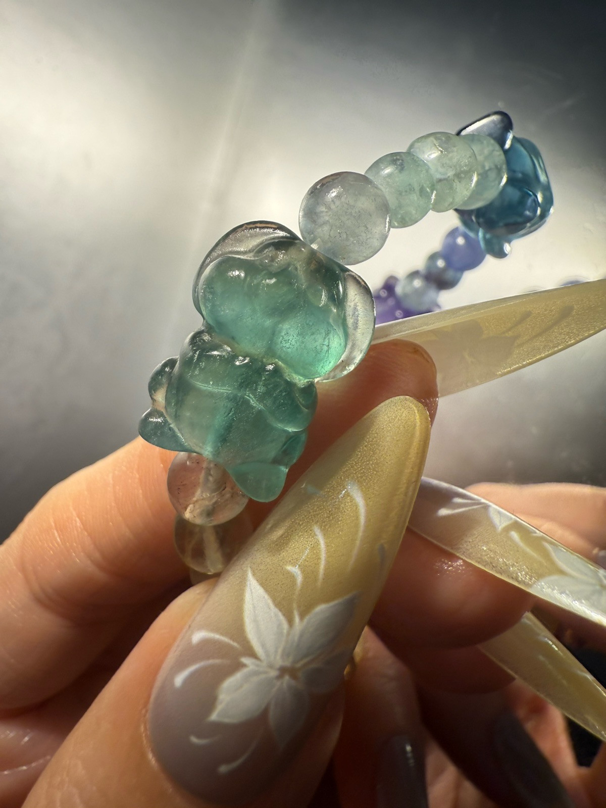Unique High Grade Natural Fluorite Carved Elastic Bracelet /Cute Animals