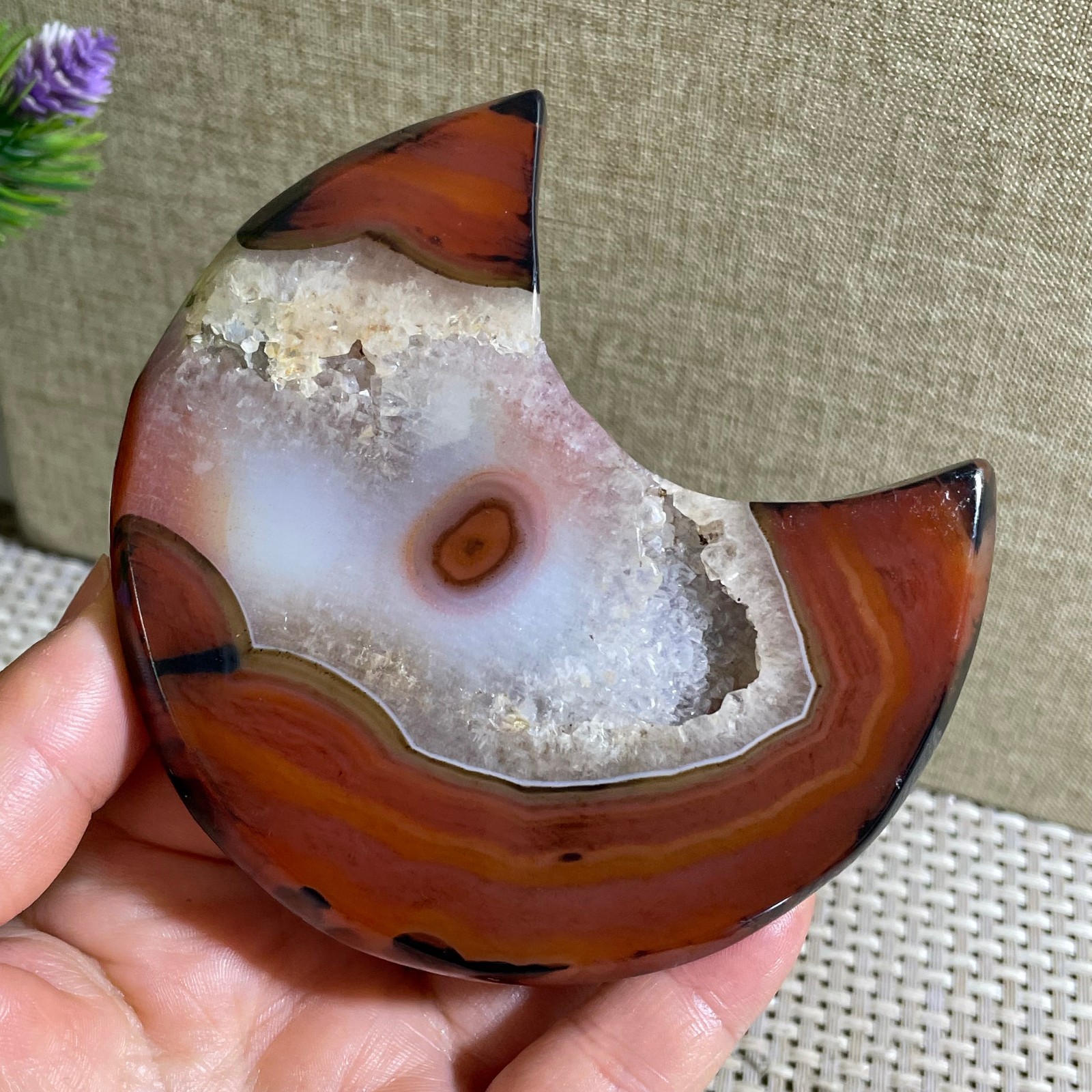 161g Natural striped agate crystal moon shaped quartz healing