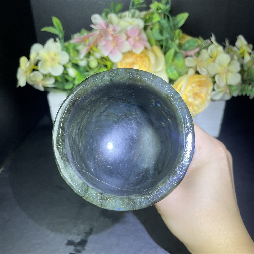 1.8LB 5.9″ Natural A+++Blue Flash Cup Carved Crystal Quartz Reiki Decor Reiki