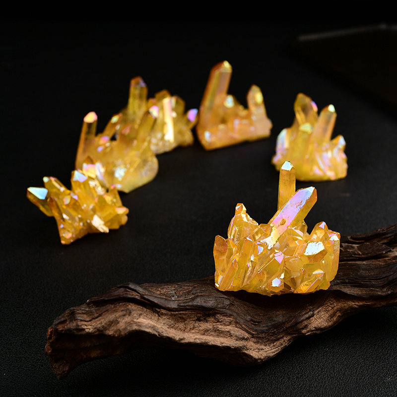 50g Natural Quartz Aura Yellow Titanium Gemstone Crystal Cluster Specimens Decor