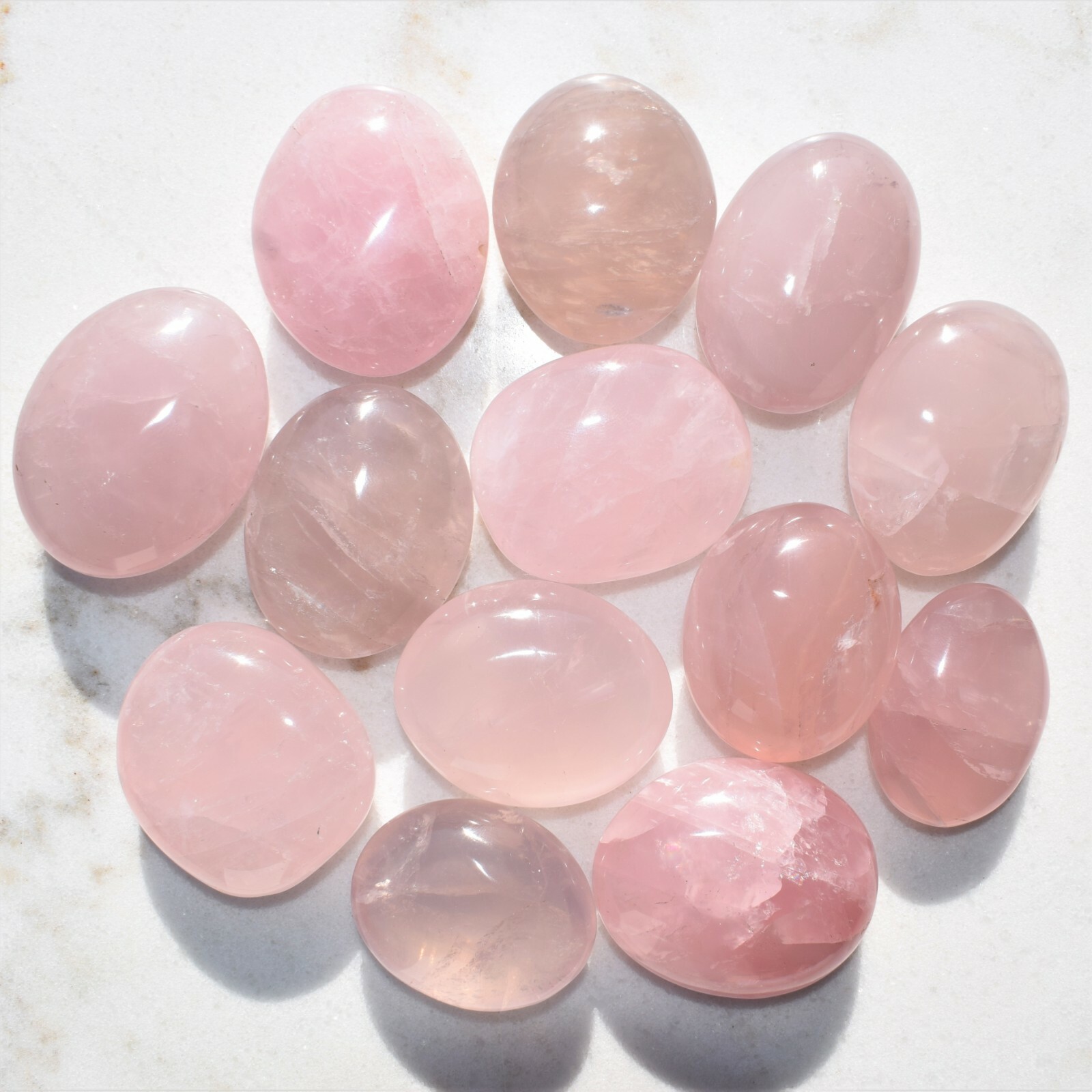 [1] LG Rose Quartz (Madagascar) Crystal Palm Stone + Selenite Heart Charger
