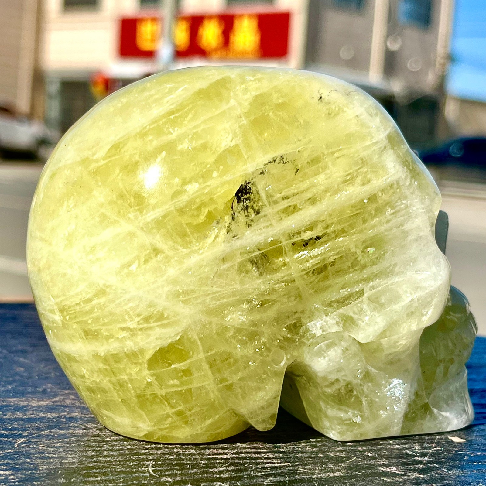 2.24LB Rare natural yellow crystal hand carved skull spiritual ornament
