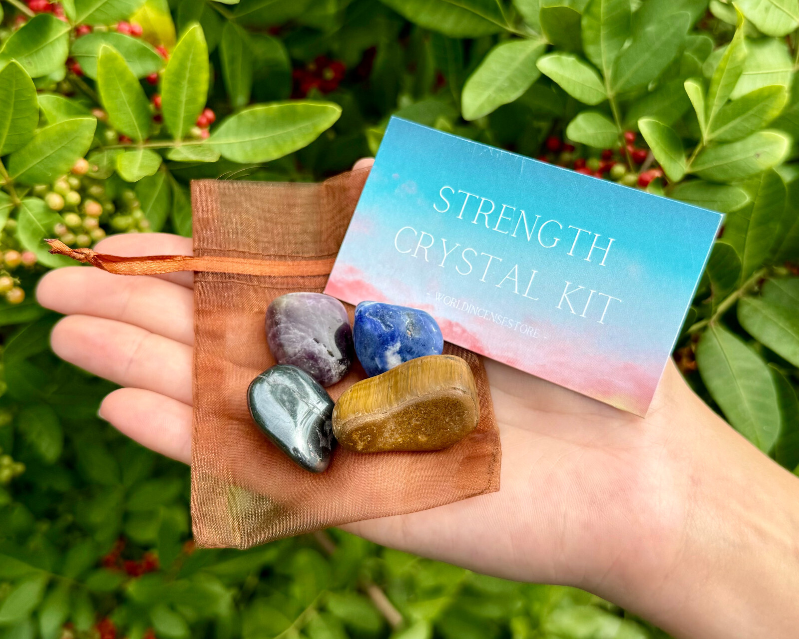 Strength Crystal Kit, 4 pcs In Pouch – Amethyst, Hematite, Sodalite, Tiger Eye