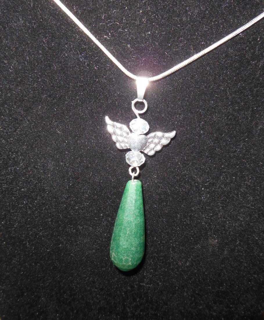 Green Healing Crystal Necklace w/a 30″ .925 Sterling Silver Chain + Wings