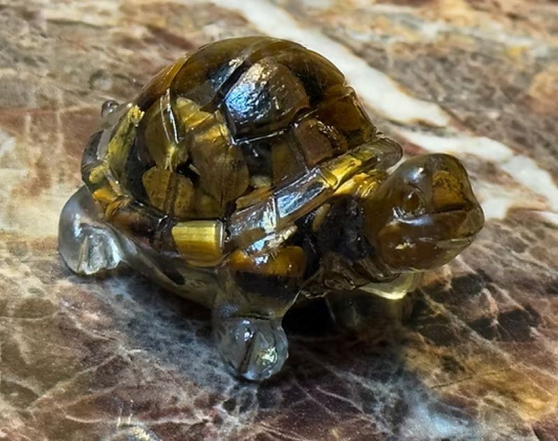 Natural Crystal Gravel Stone Resin Wrapped Small Turtle – Tigereye Gold Foil