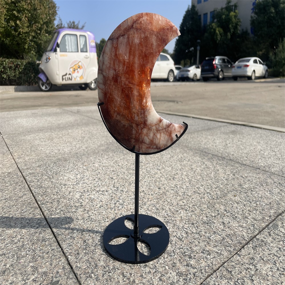 2.2LB 285mm”Red Fire Quartz Moon with Stand Crystal Quartz Carving