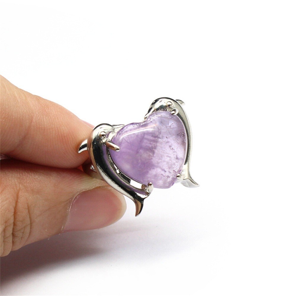 1pc Twin Dolphin Heart Rings Chakra Crystal Animal Bead Gemstone Jewerly Healing