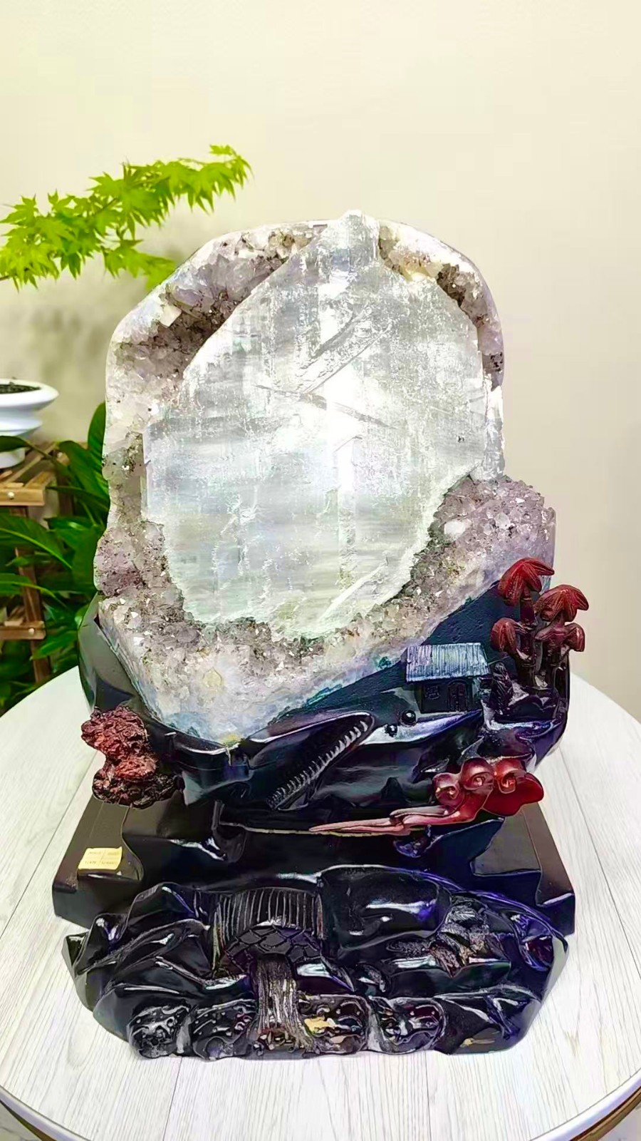 87.56LB rare Natural Amethyst Rutile crystal zircon quartz Decoration+stand