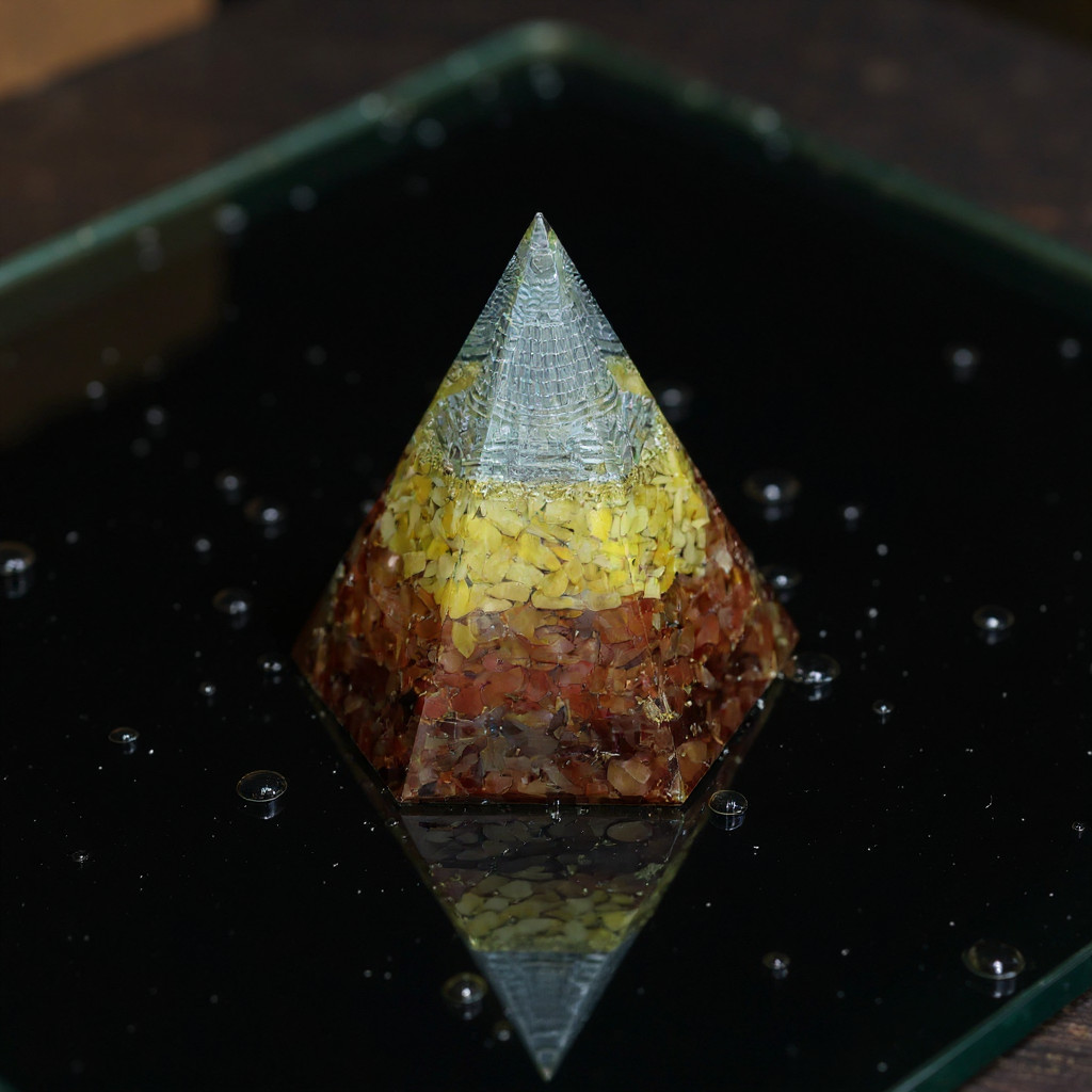 Citrine & Carnelian Orgone Pyramid Gift, Crystal Grid Centerpiece, Feng Shui