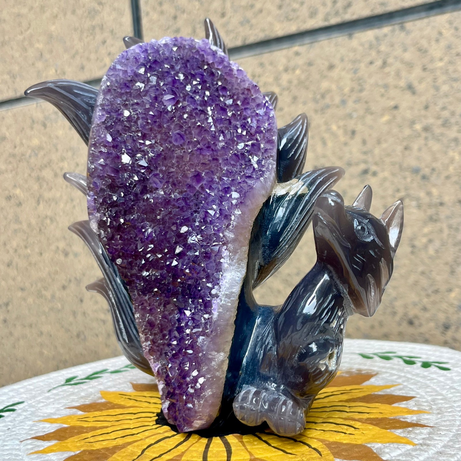 3.6 lb Natural Agate Geode Nine Tailed Fox Crystal Carving Desk Decor Gift