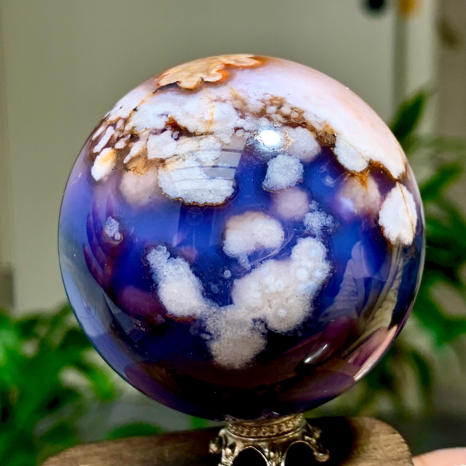 190G Natural Blue Cherry Blossoms agate Crystal SPHERE Quartz Mineral Specimen