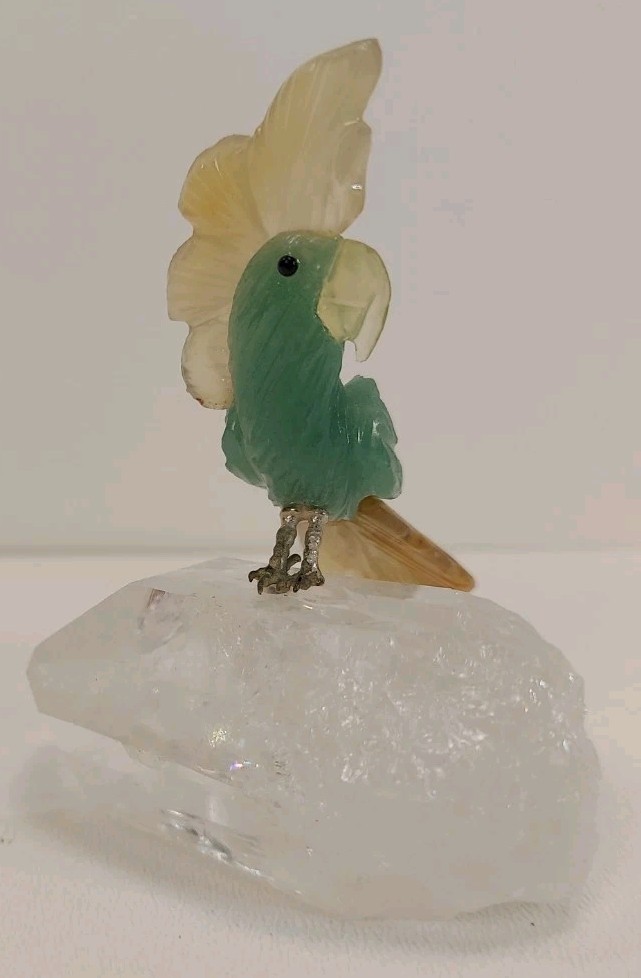 VTG Bird Figurine Jade & Quartz Stone Cockatoo Carving Handmade Brazil Gemstone