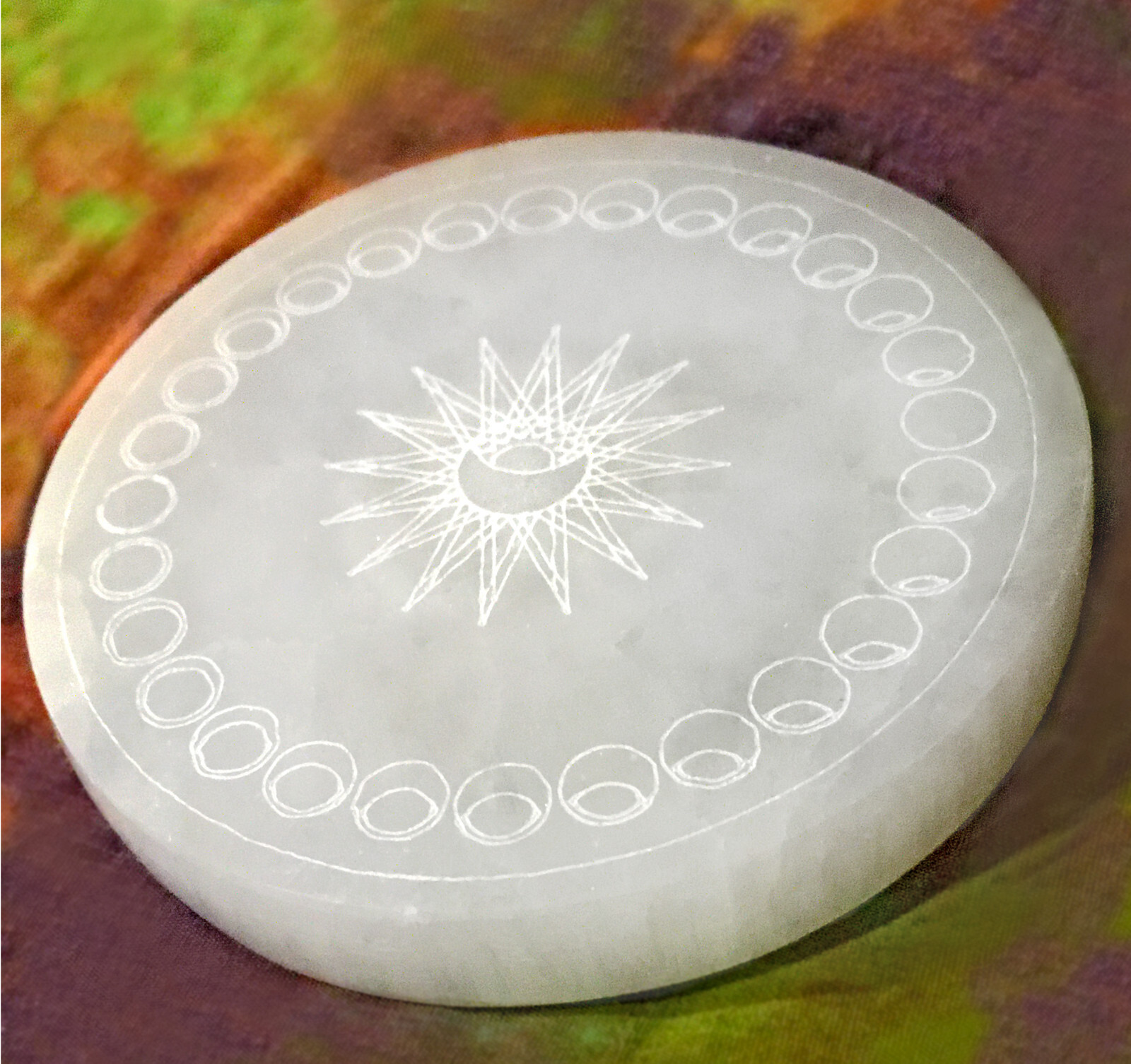 Selenite Crystal Charging Plate 4″ Moon Phases Engraved Circle Disc Reiki Energy